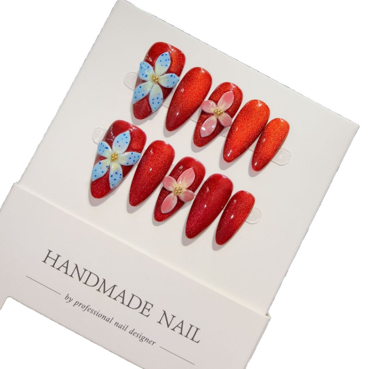 365nails : « Fleur Écarlate » – ongles press-on fait main forme amande à décor floral 3D