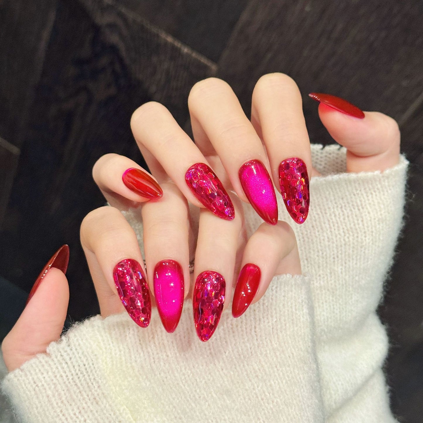 Shiny Hot Pink Glitter Press On Nails Mixed Shapes