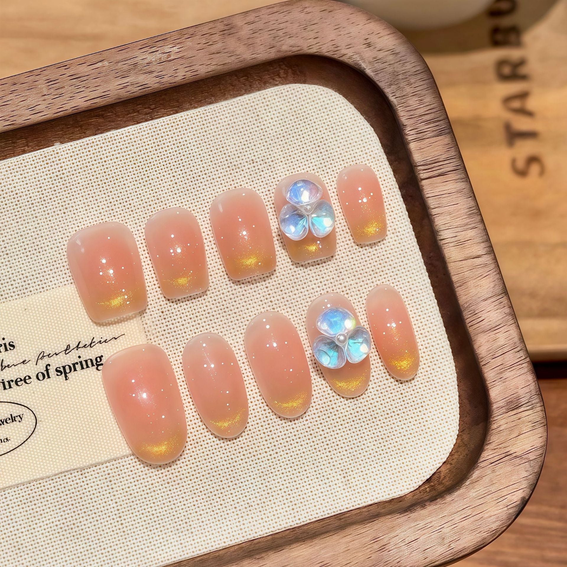 365nails: "Sunset Aura" – Iridescent Cat Eye & Crystal Flower Handmade Almond Nails