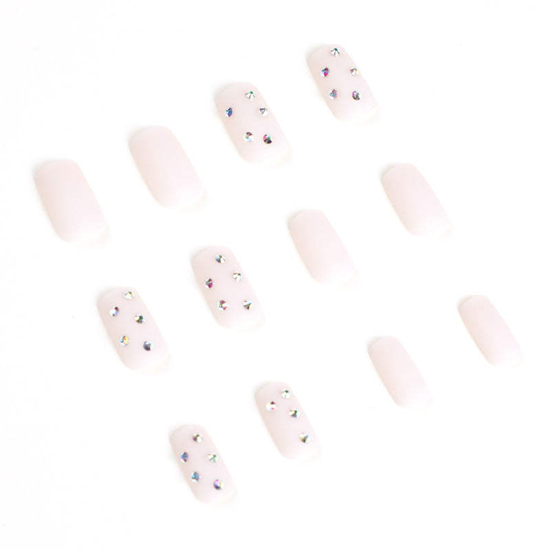 法式裸粉霧面水鑽美甲成品／批發 美甲貼片｜365nails