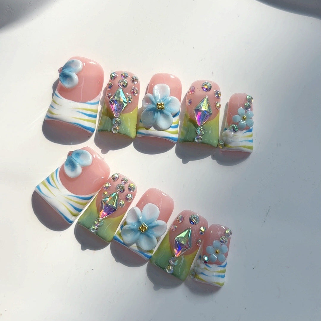 Spring Garden: "Blossom Jewel" – Unhas Postiças Quadradas Curtas Feitas à Mão