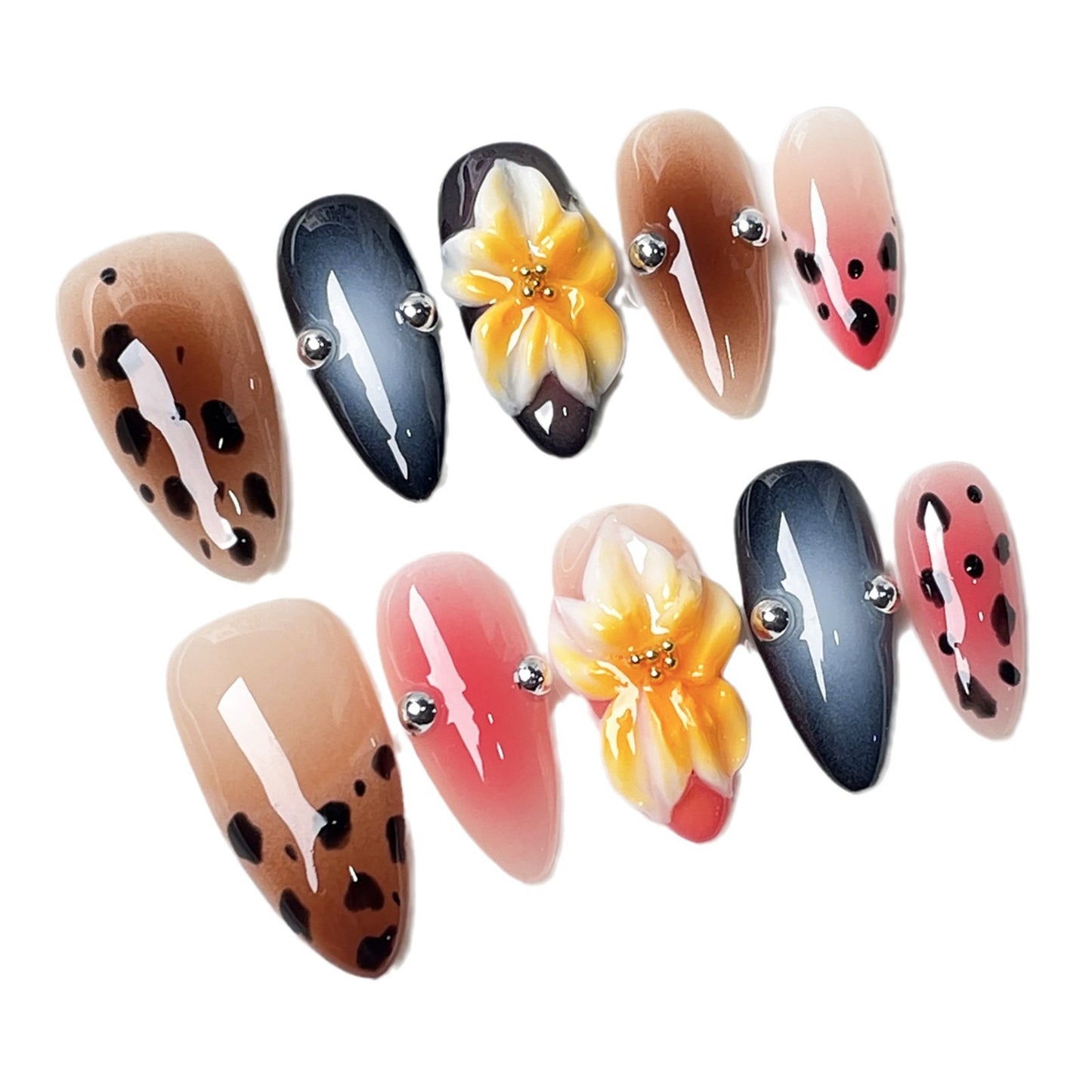 Uñas postizas hechas a mano, talladas en 3D, con estampado de leopardo sexy, rubor, uñas almendradas de Spice Girls | 365nails