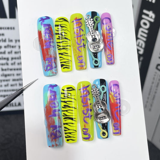 Handmade press-on nails  water pipe nail hand-painted graffiti music festival personality sweet and cool hot girl nail art pure handmade｜365nails