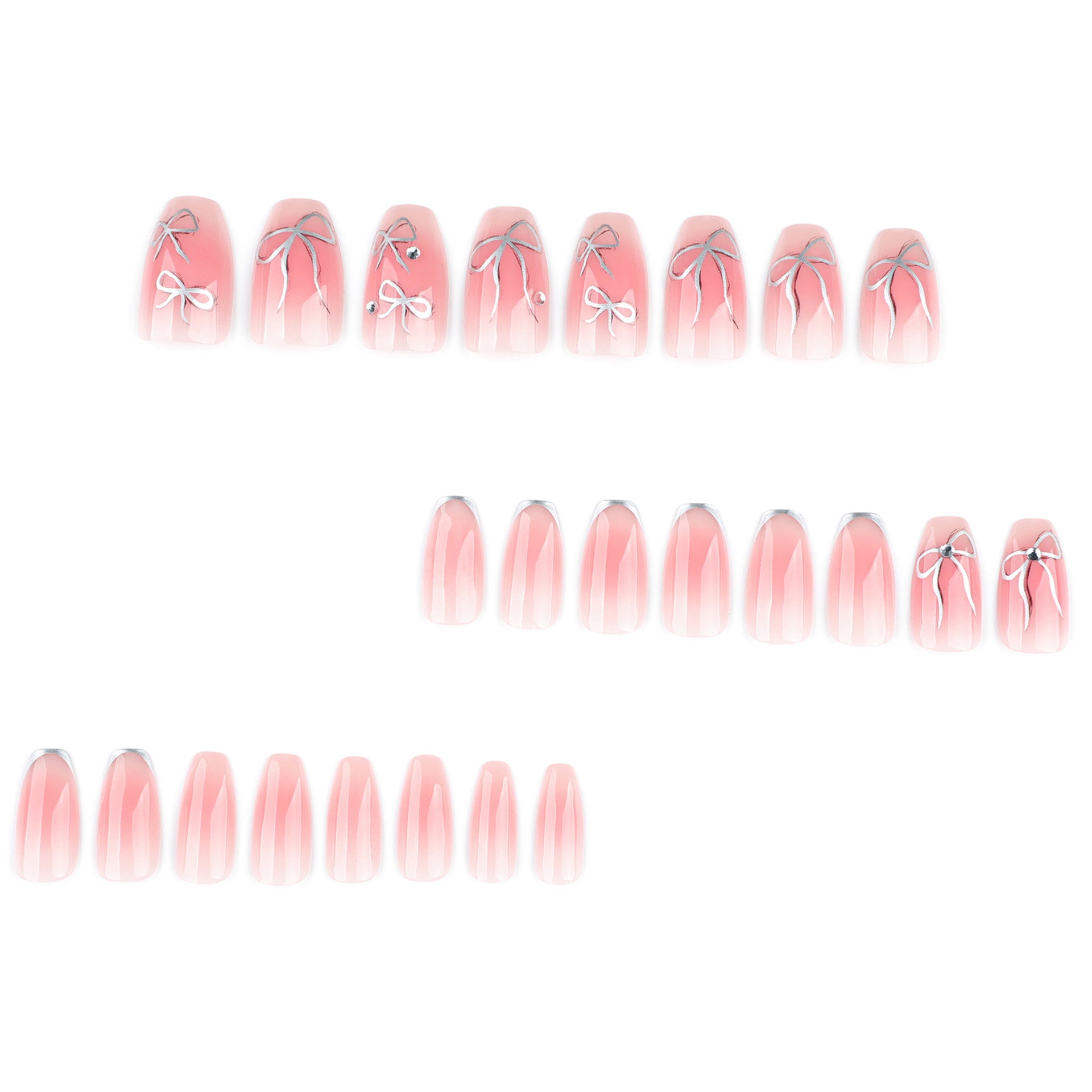 Silver Bow Accent Nude Pink Press On Nails Set
