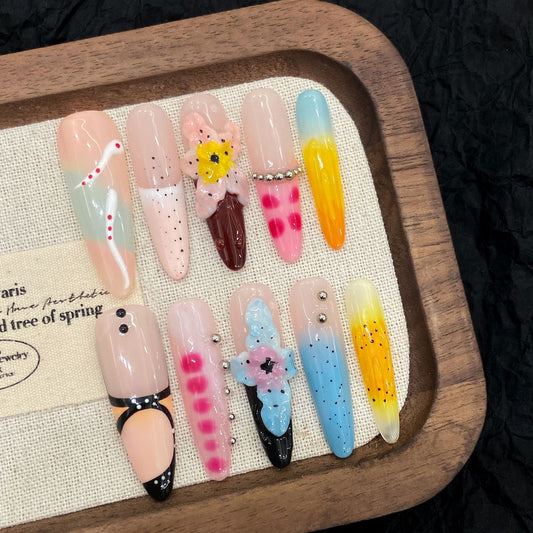 Purely hand-carved  big flower summer manicure advanced light luxury press on nails | 365nails