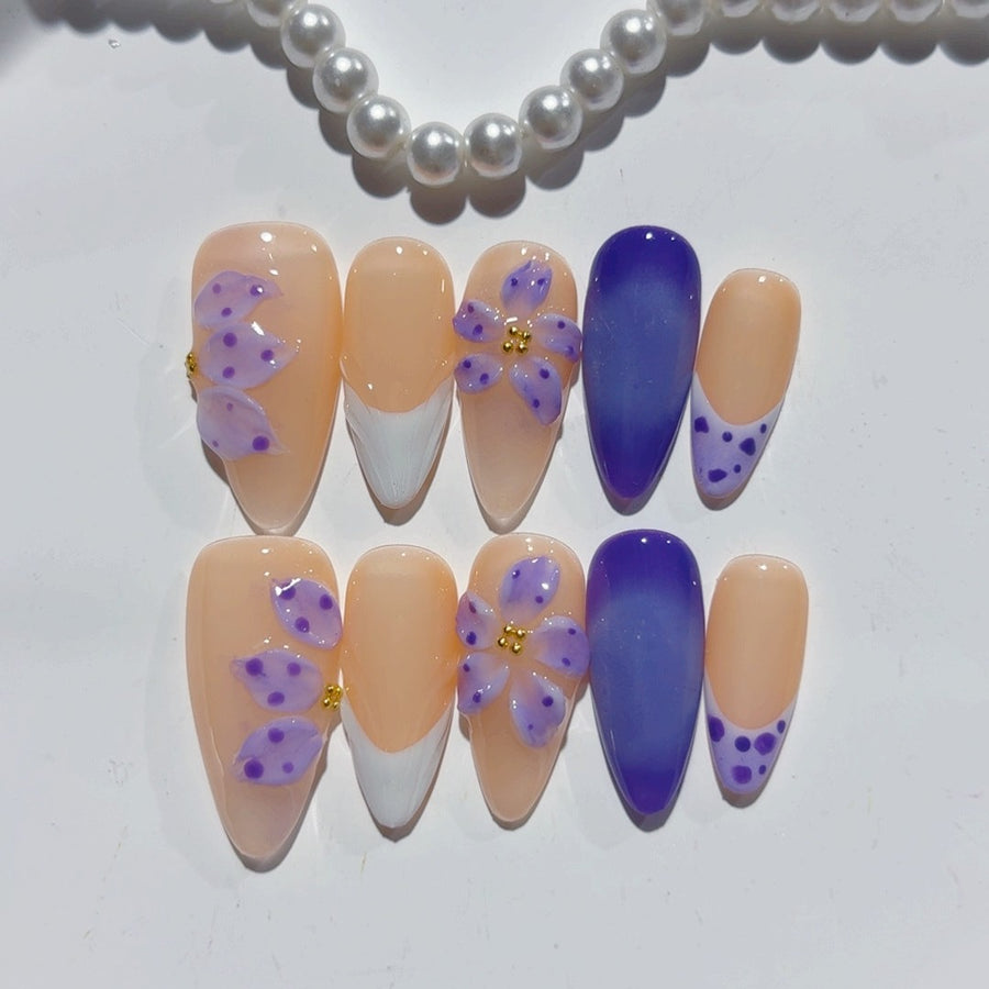 365nails-Purple Fantasy: "Lavender Bloom" – Almond Shape Handmade 3D Carved Press-On Nails