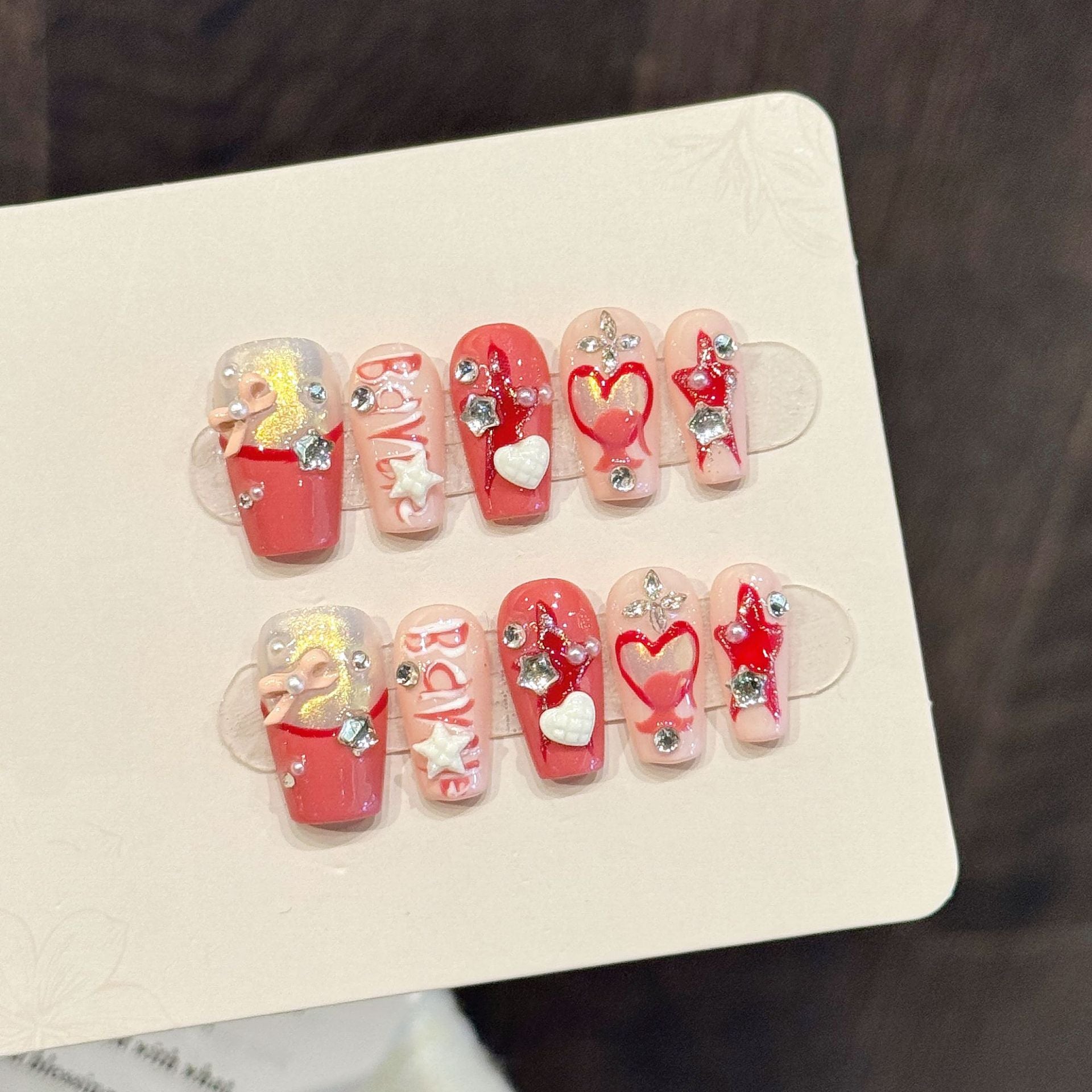 Cute Pink Heart Bow Star Valentine Style Press Nails