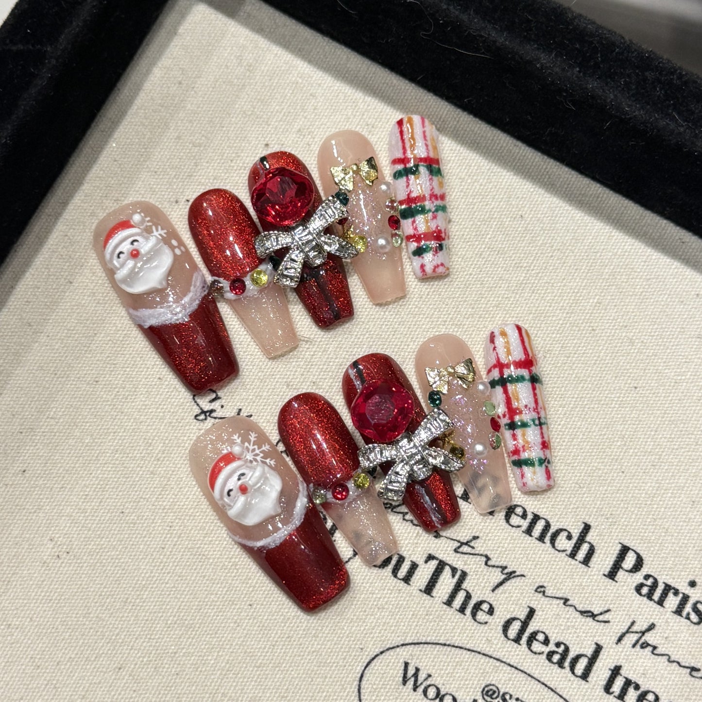 Luxury Santa Christmas Press‑On Nails – Red Plaid & Bow Design