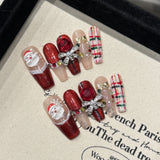 Luxury Santa Christmas Press‑On Nails – Red Plaid & Bow Design