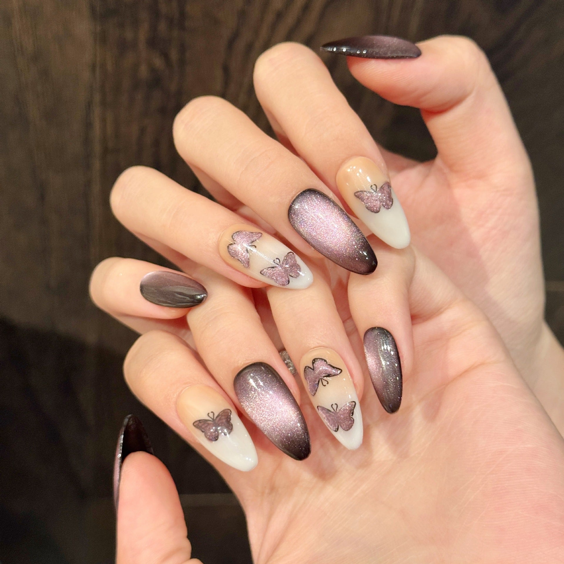 365nails: "Mystic Butterfly" – Hand-Painted Cat Eye & Butterfly Handmade Long Stiletto Nails