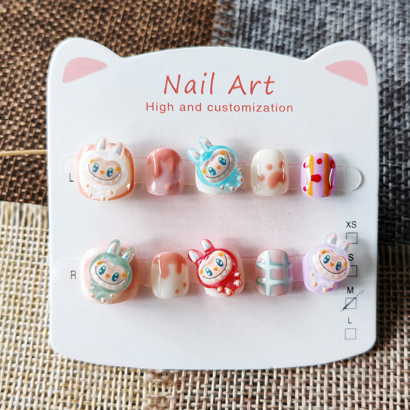 365nails: "macaron labubu buddies" – short round handmade kids press-on nails