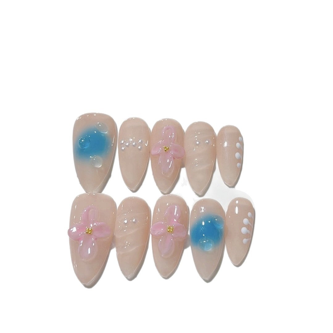 365nails-Lotus Whisper: "3D Ice Lotus" – Medium Almond Handmade Nails
