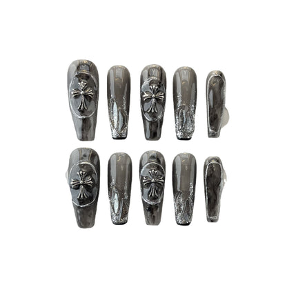 377 handmade nails, Black Punk Style Croft Heart Nail Art False Nail Phototherapy Bridal Nail Finished Product | 365nails