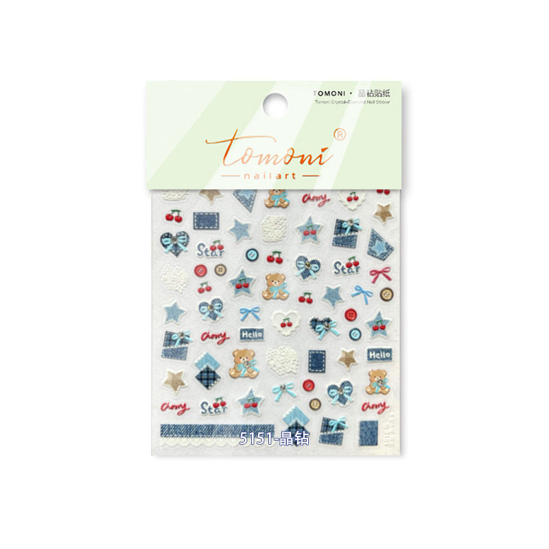 Denim Teddy Collection: "Denim Teddy & Cherry" – 3D Embossed Nail Sticker