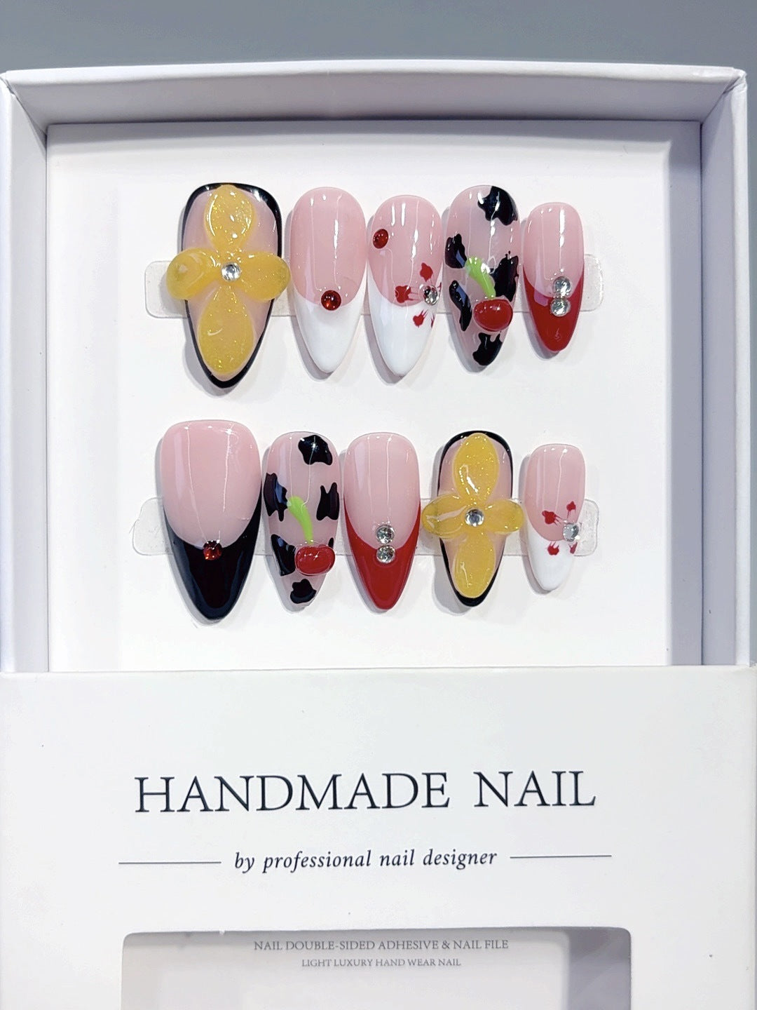 Fruit Cocktail: "Cherry Cow Flower" – Almond Shape Handmade Press-On Nails