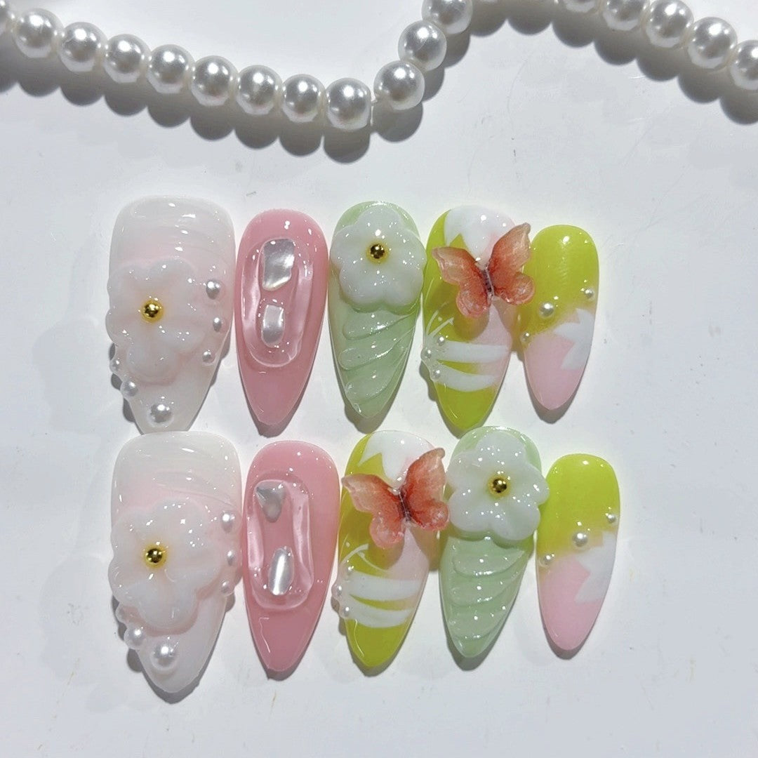 365nails-春日花園：「可愛花卉蝴蝶」 – 杏仁形 手工製 3D 雕刻 穿戴甲