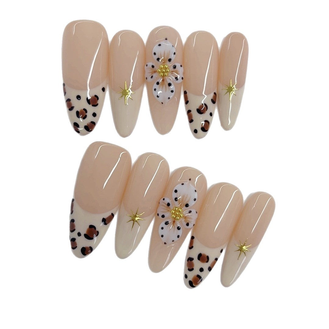 Sweet Leopard: "Leopard Blossom" – Medium Almond Nude & Leopard Print Handmade Press-On