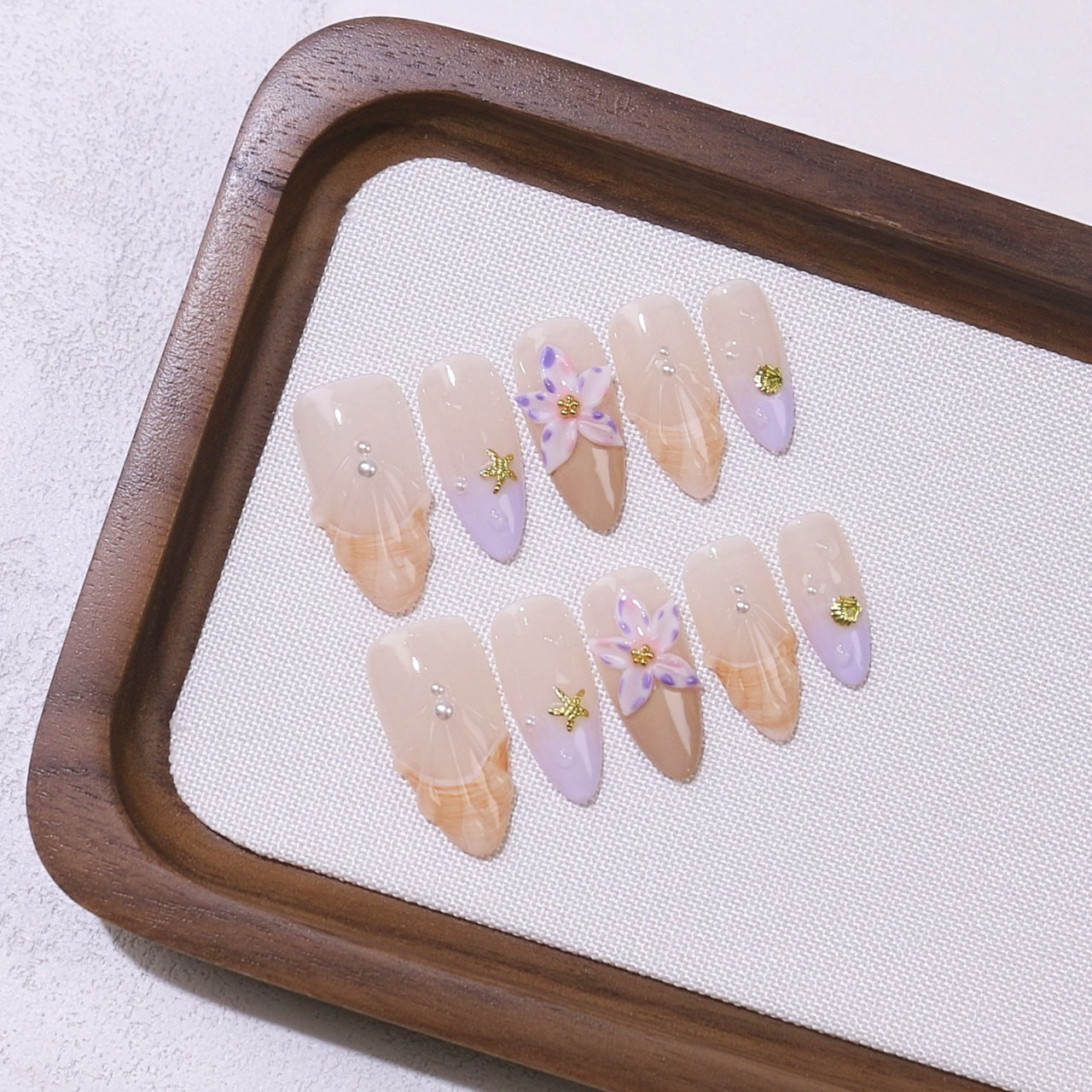 365nails: "Lavender Lily Grace" – Medium Almond Nude-Purple Floral Handmade Press-On Nails