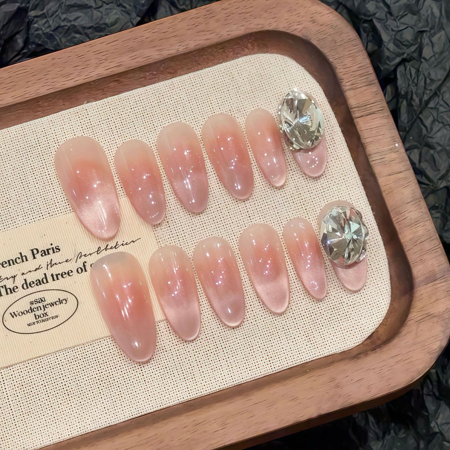 365nails: "Pink Opulence" – Cat-Eye Blush Gradient with Crystal Embellishments Handmade Almond Nails