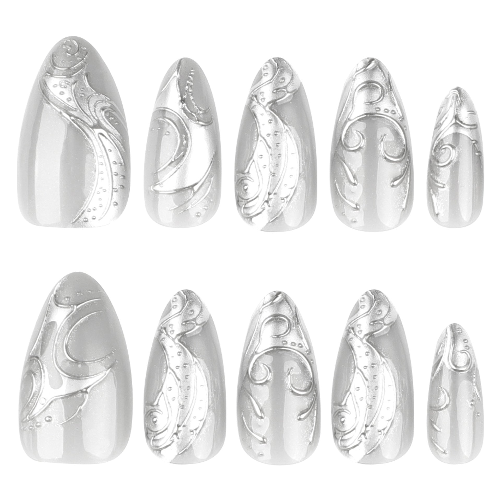 Gothic Cool Spicy Silver 3D Stereoscopic Short Almond press-on nails