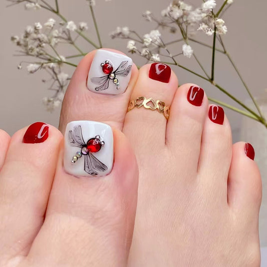 Summer smart burgundy flash diamond dragonfly atmosphere  ins wind Press-on toenails nail finished product removable 24 pieces｜365nails