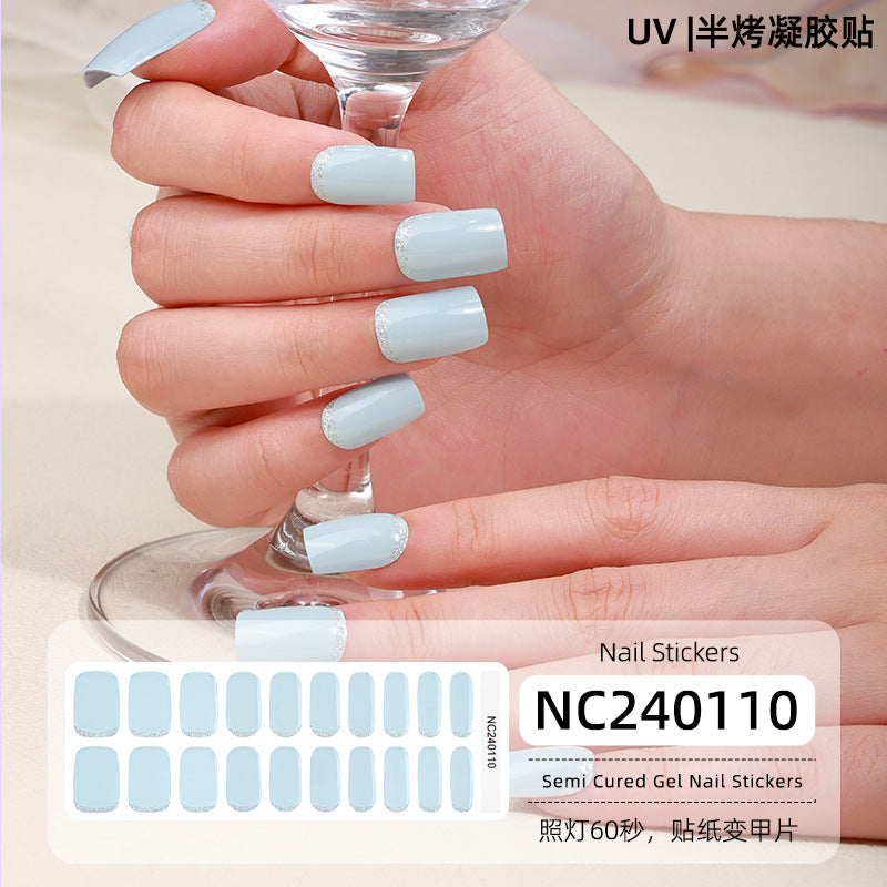 Semi-Cured Gel Nail Strips French Glitter Pink Sparkle Glossy Set (MOQ=3)