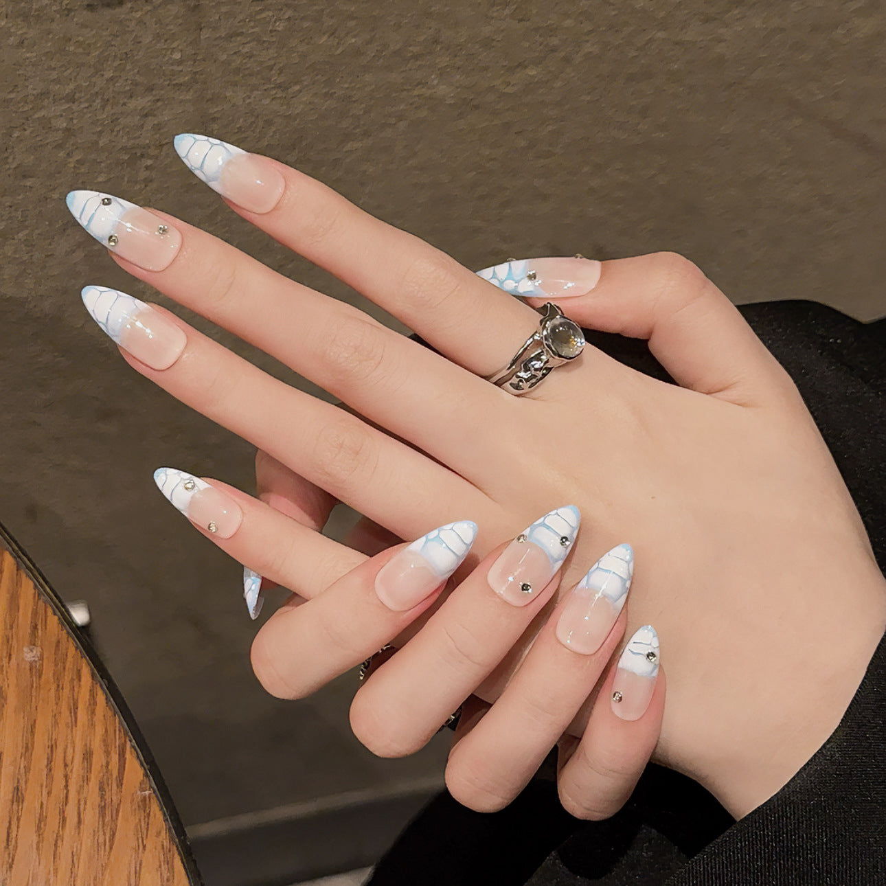 365nails: "Azure Exotic" – Crocodile Texture French Tip Handmade Almond Nails