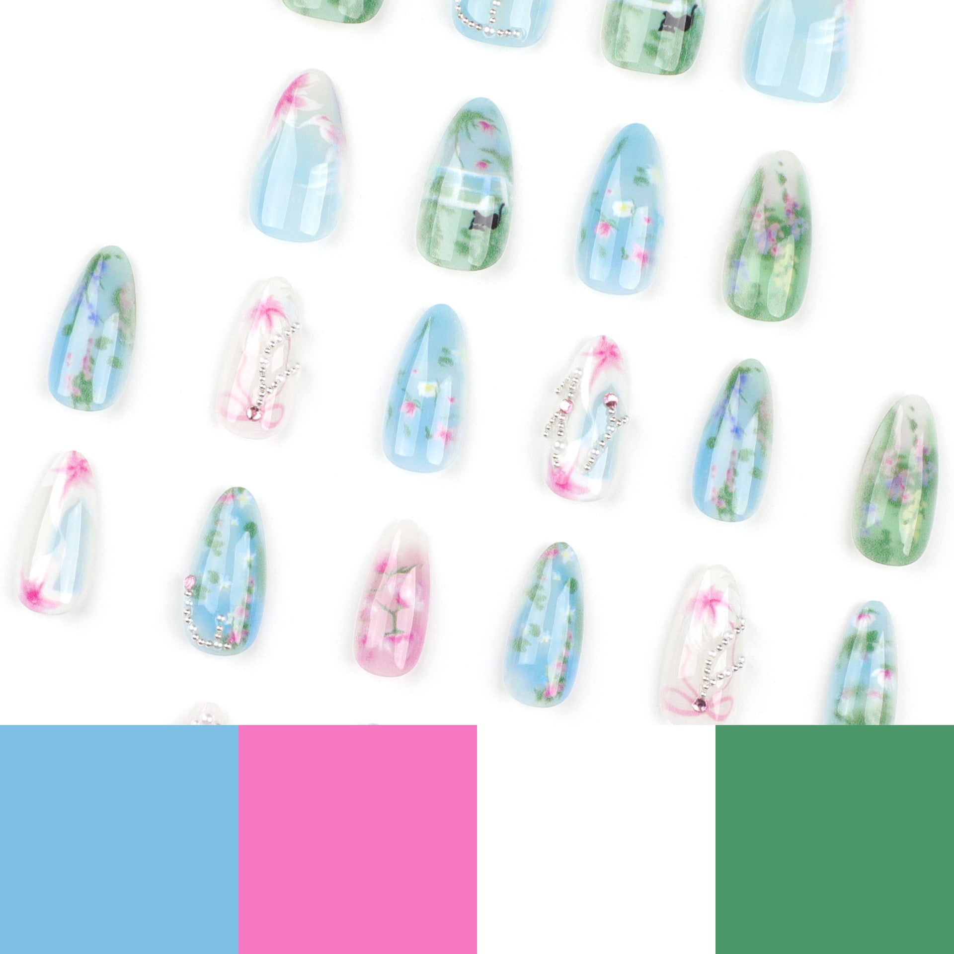 24片裝 春夏新品 杏仁形田園風小清新花朵穿戴甲 批發 ｜365nails