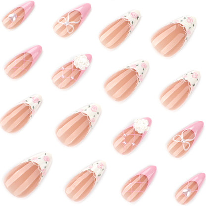 Doce menina vento vestindo armadura manicure francesa pedaço de unha ponta broca tridimensional camélia unha postiça atacado ｜ 365nails