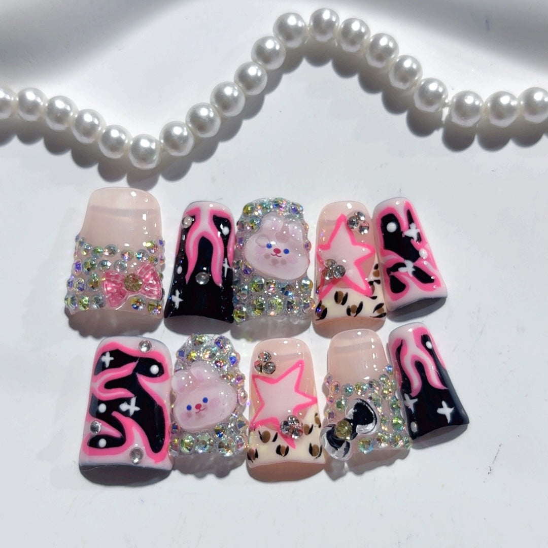 Y2K Punk Kawaii: "Pink Flame Bunny" – Short Square Black & Pink Cartoon Handmade Press-On