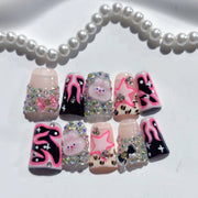 Y2K Punk Kawaii: "Pink Flame Bunny" – Short Square Black & Pink Cartoon Handmade Press-On