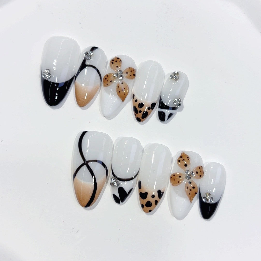 Edgy Monochrome Series: "Leopard Bikini" – Long Almond Handmade Press-on Nails