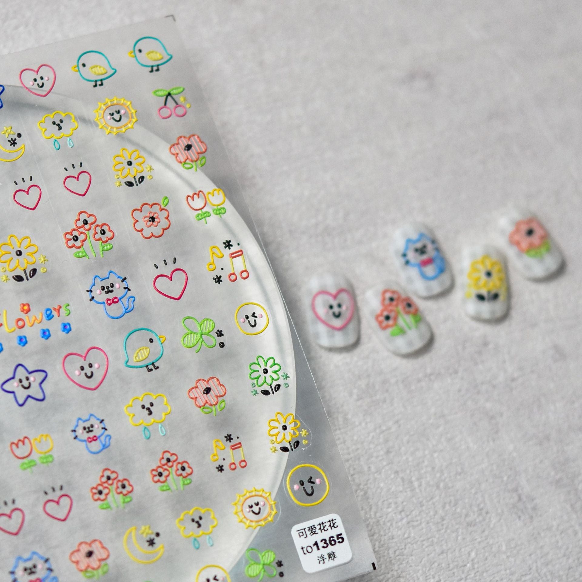 365nails: "粉彩兔子線描與花朵" – 美甲貼紙