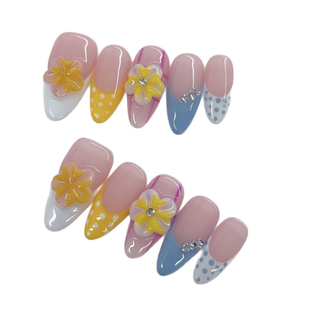 Sweet Pastel: "Rainbow Floral Dots" – Postiças Feitas à Mão, Amêndoa Média, Multicoloridas