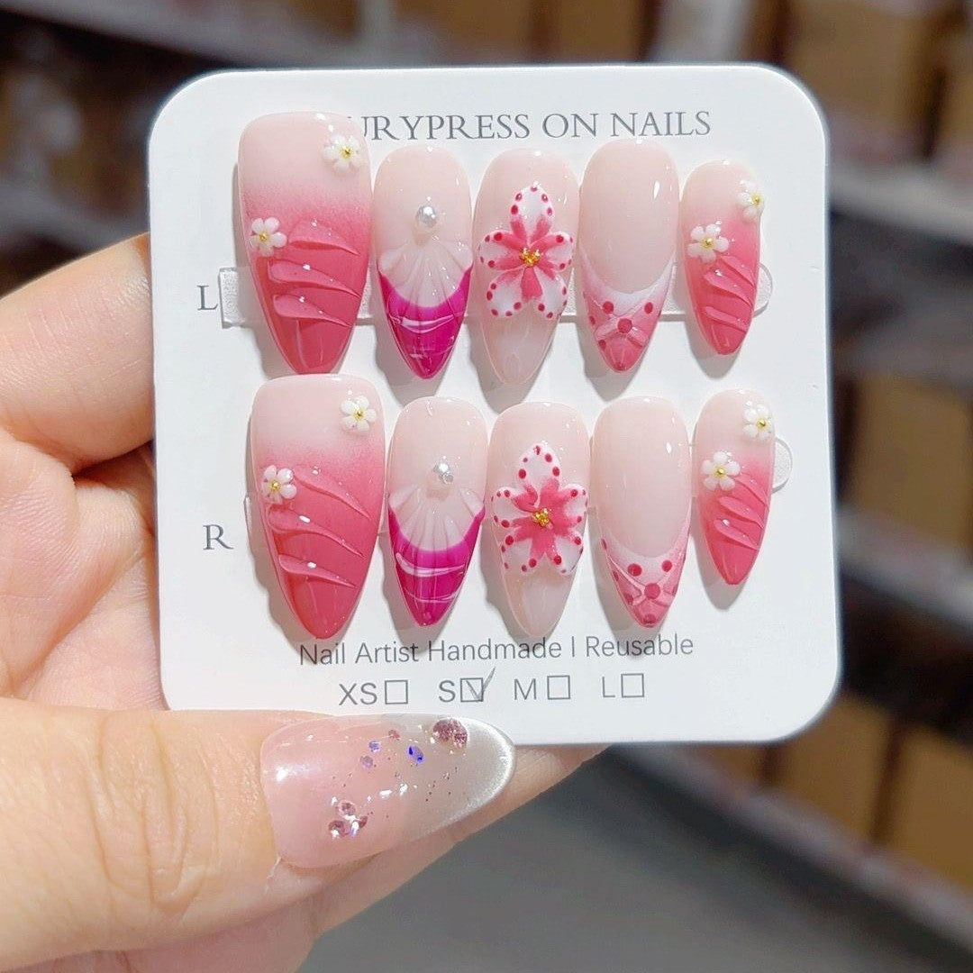 365nails-Sakura Blush: "Flores de Cerejeira Degradê" – Unhas Postiças Artesanais de Amêndoa Média