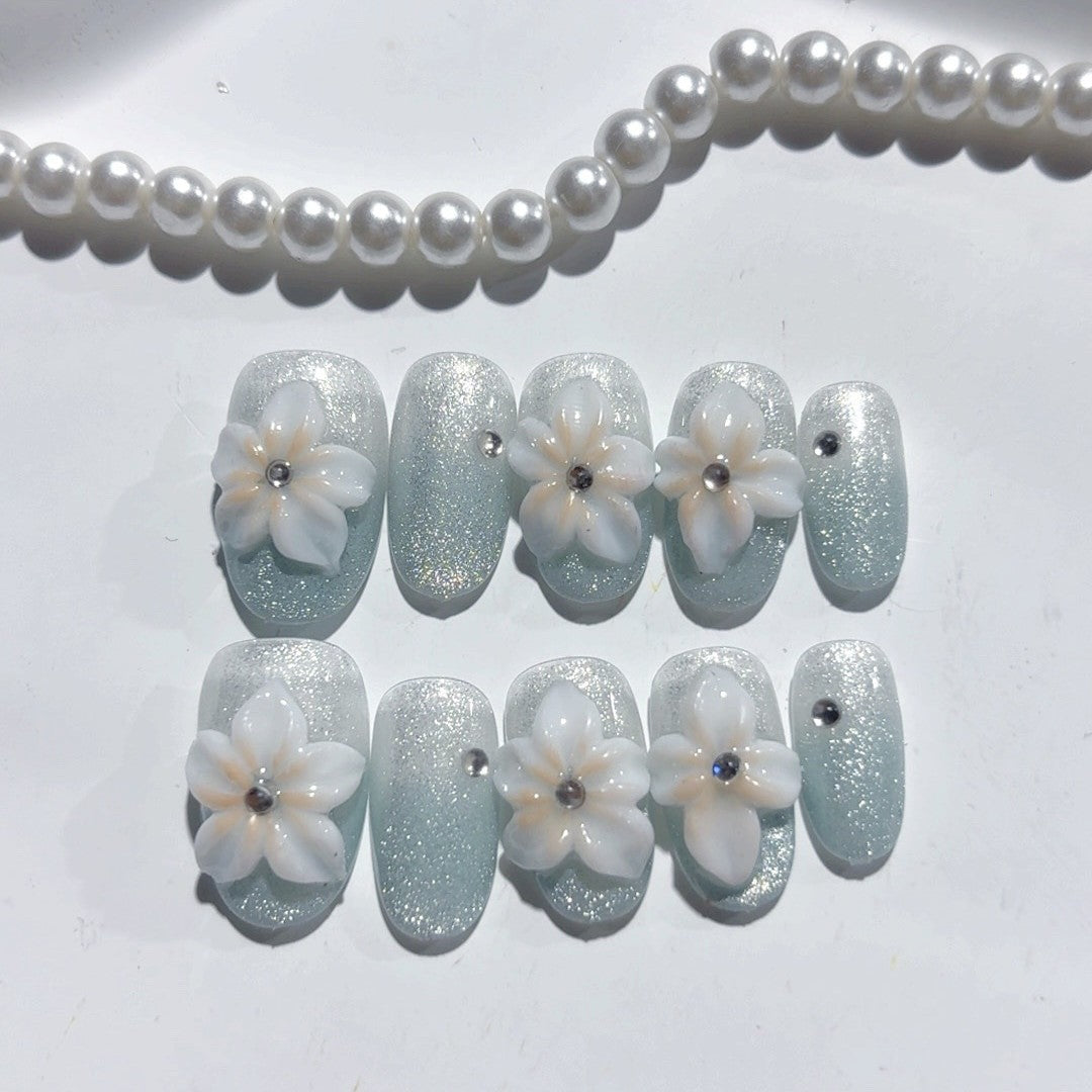365nails-Seaside Serenity: "Mother-of-Pearl Bloom" – Short Square Handmade 3D Carved Press-On Nails