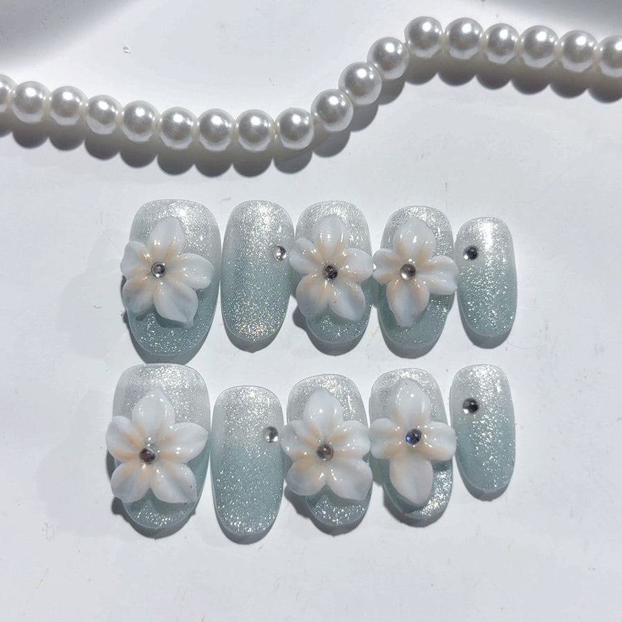 365nails-Seaside Serenity: "Mother-of-Pearl Bloom" – Short Square Handmade 3D Carved Press-On Nails