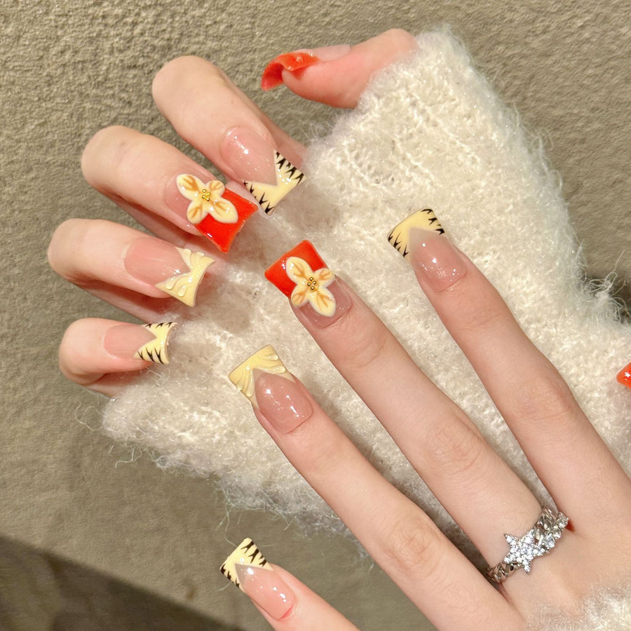 Vibrant Floral Red Tip Duckbill Press On Nails