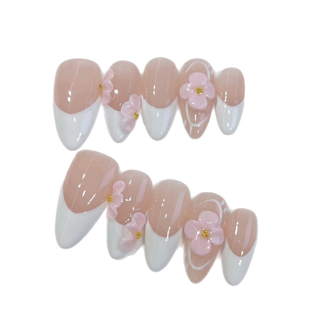 Elegância Floral: "Rosa Cereja Francês" – Unhas Postiças Artesanais Formato Amêndoa