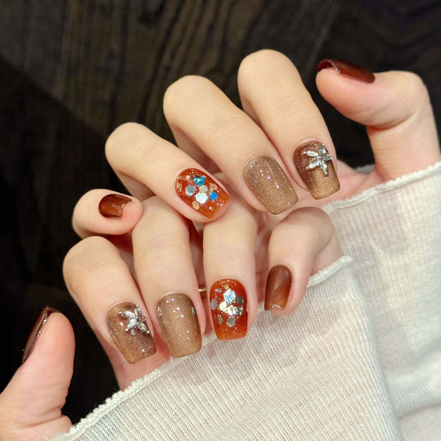 Glitter Brown Orange Accent Press On Nails