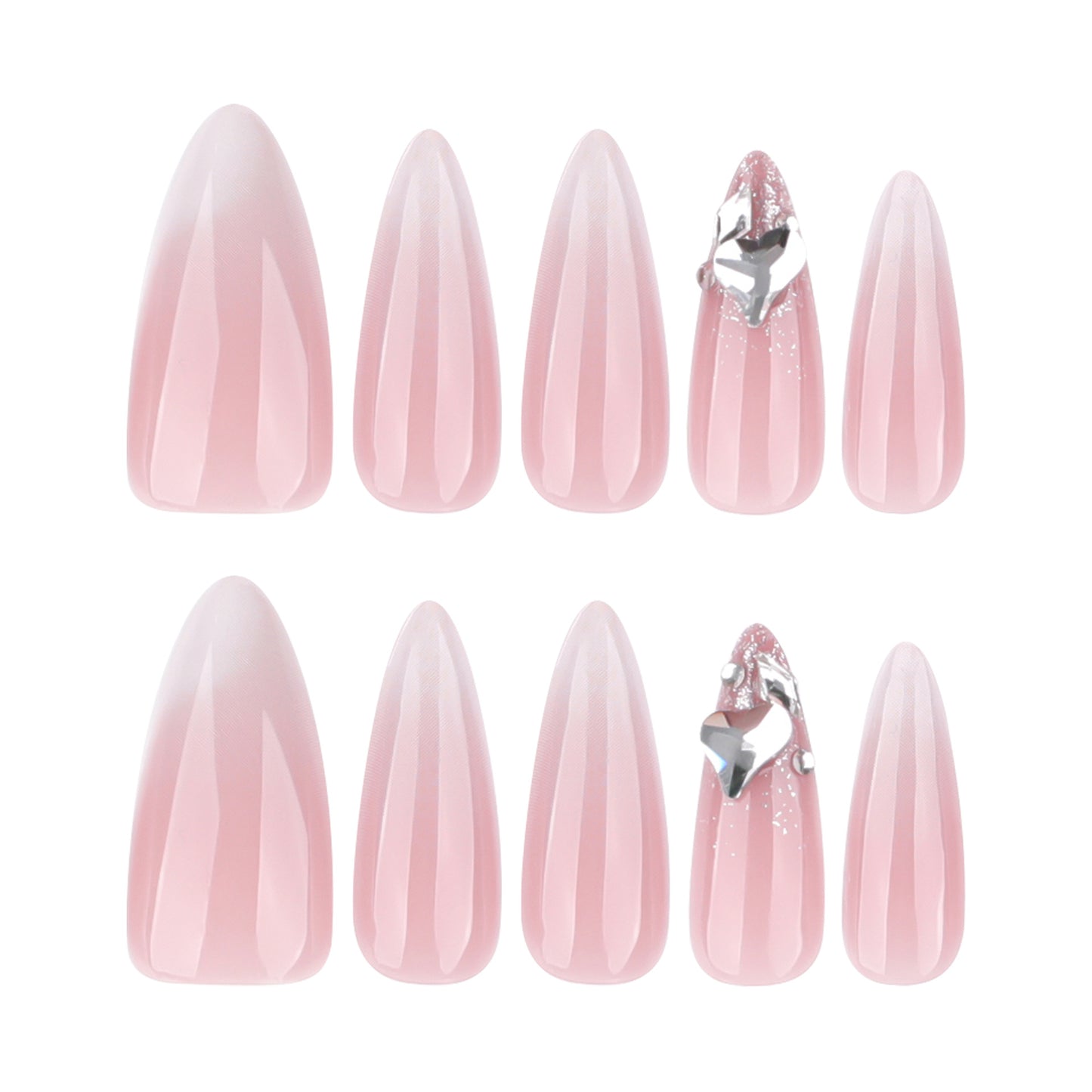 Pink Ombre Stiletto Press On Nails with Silver Rhinestone Charms
