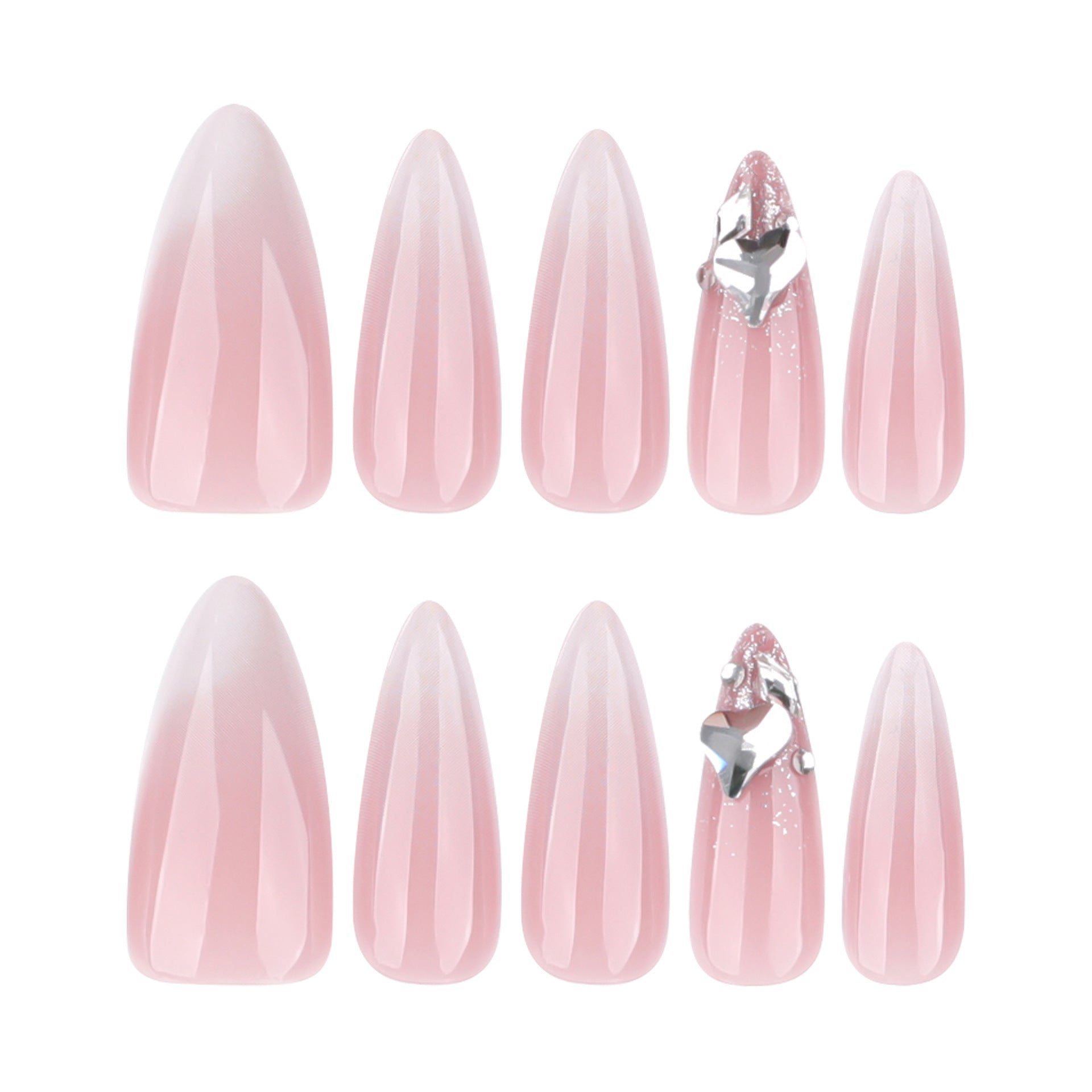 Pink Ombre Stiletto Press On Nails with Silver Rhinestone Charms