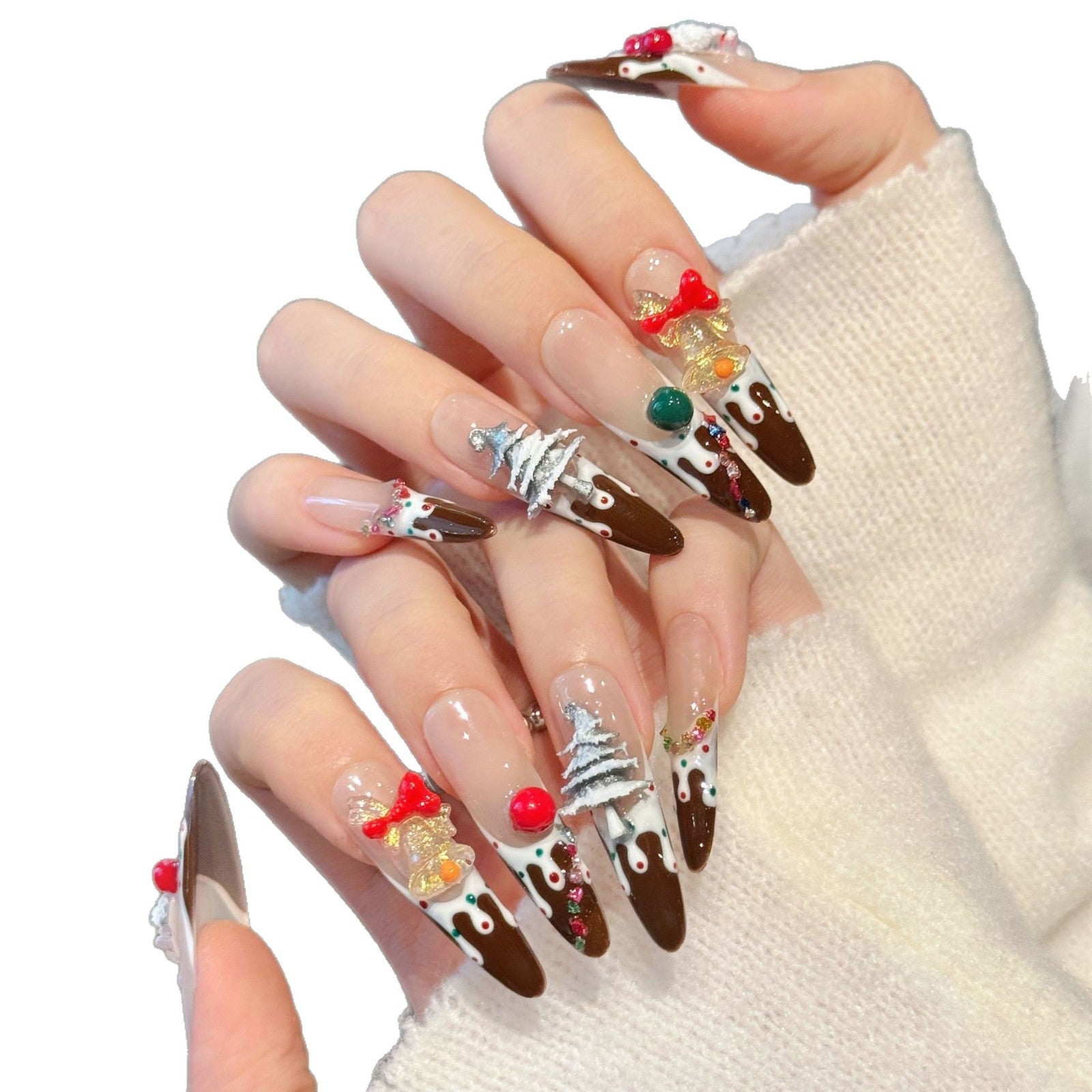Chocolate Cake Christmas Press‑On Nails – Santa Snow Tree Design