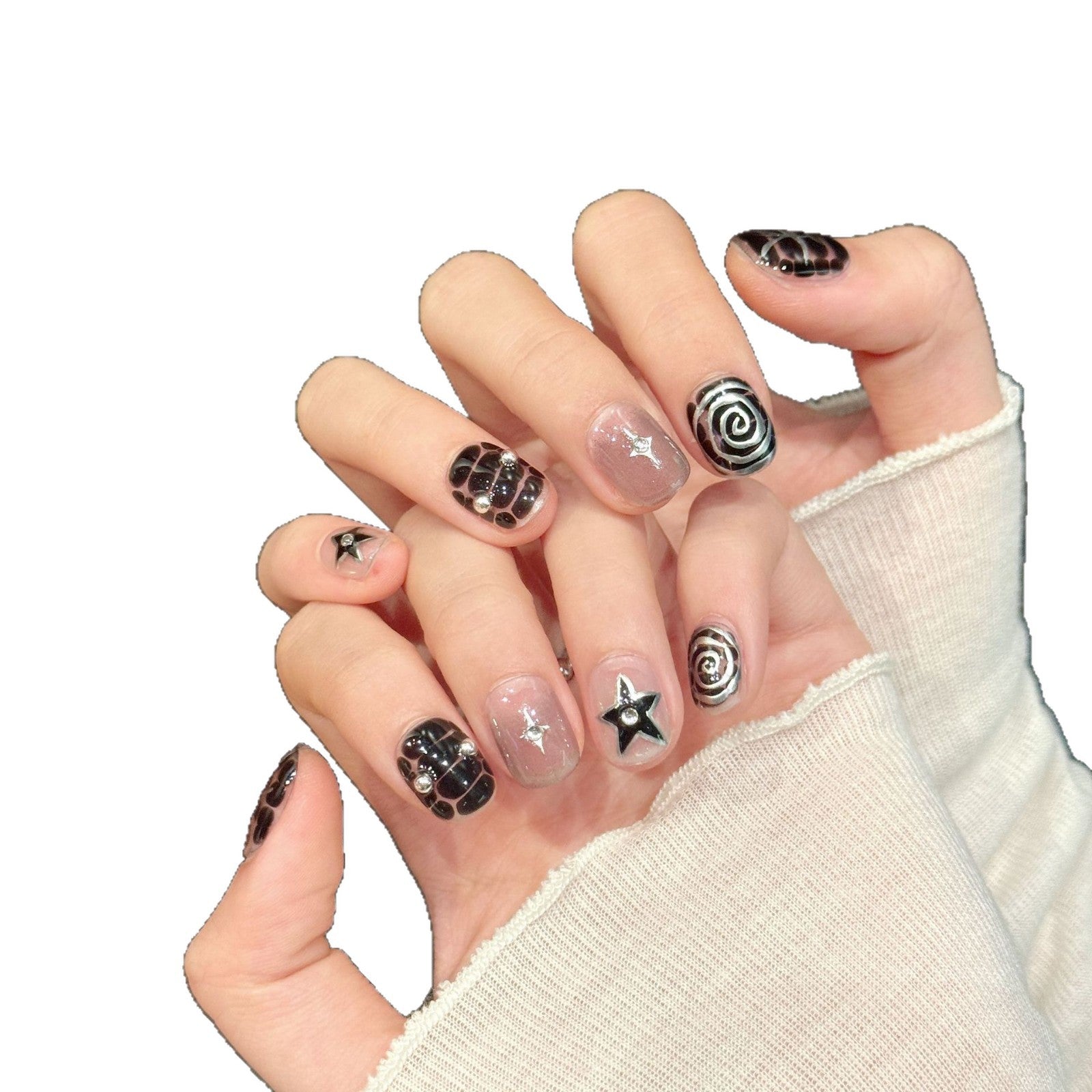 Edgy Black Swirl Star Silver Chrome Short Press-On Nails