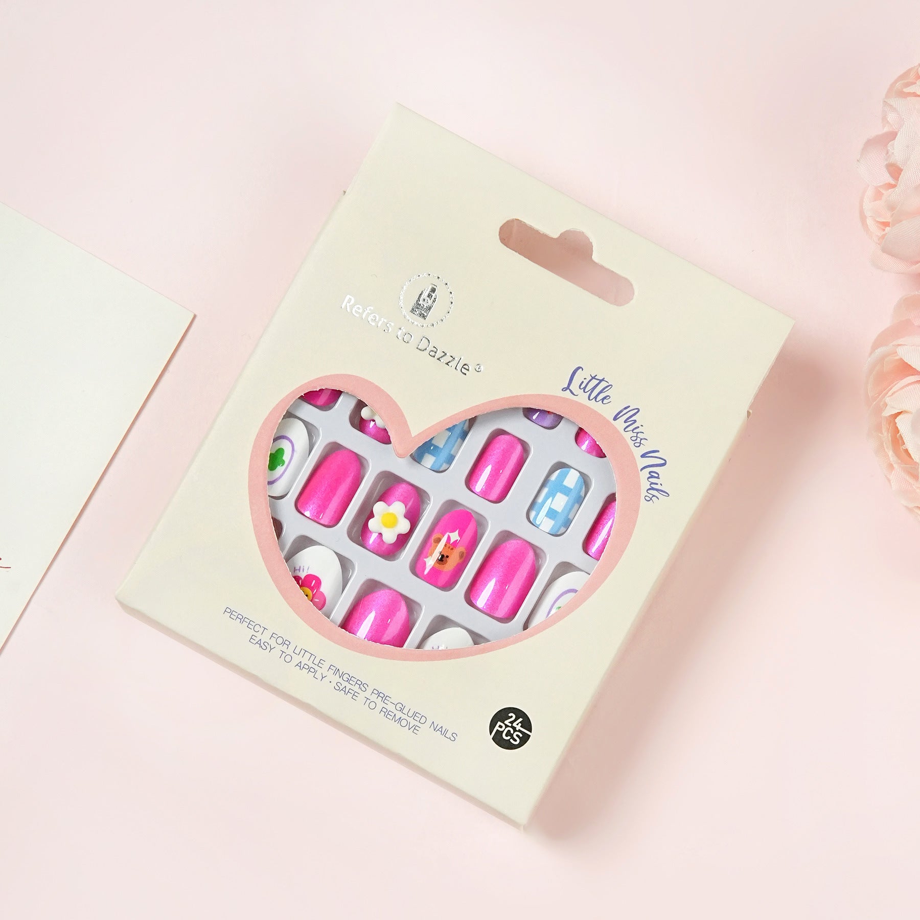 Kids press-on nails Pointed head round head almond cartoon with drill 24 pieces with jelly glue