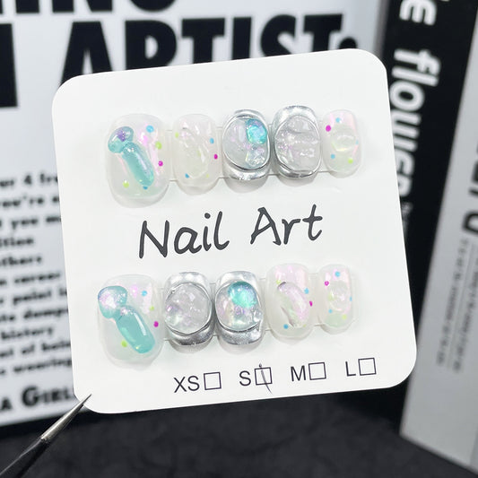 Handmade Press-on Nails  ice through cute short nail patch wearable nail sticker wholesale｜365nails