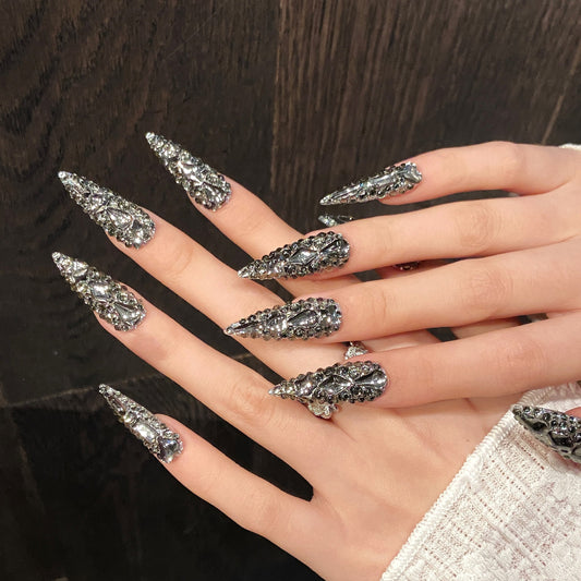 gun gray super flash full diamond dark, popular  style removable pure handmade nails | 365nails