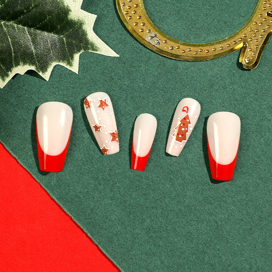 nails Art Press on nails Wholesale Simple Red Edge French Christmas Tree Stars Fake nails Sheets Wholesale nails Sheets｜365nails