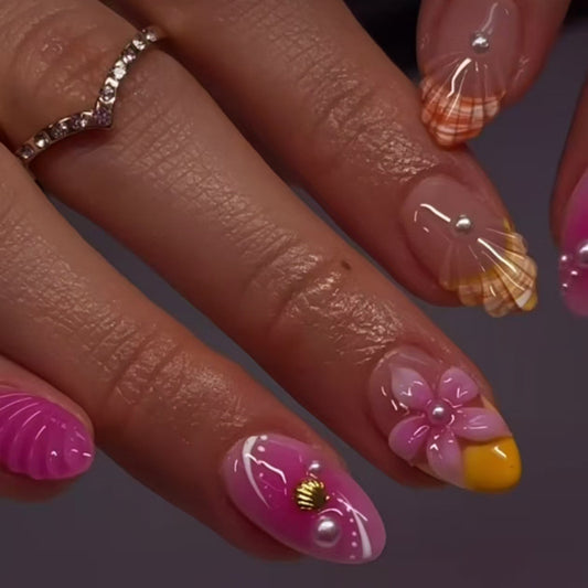 Three-dimensional shell pearl French flower sweet short almond nail   removable manicure 24 pieces｜365nails