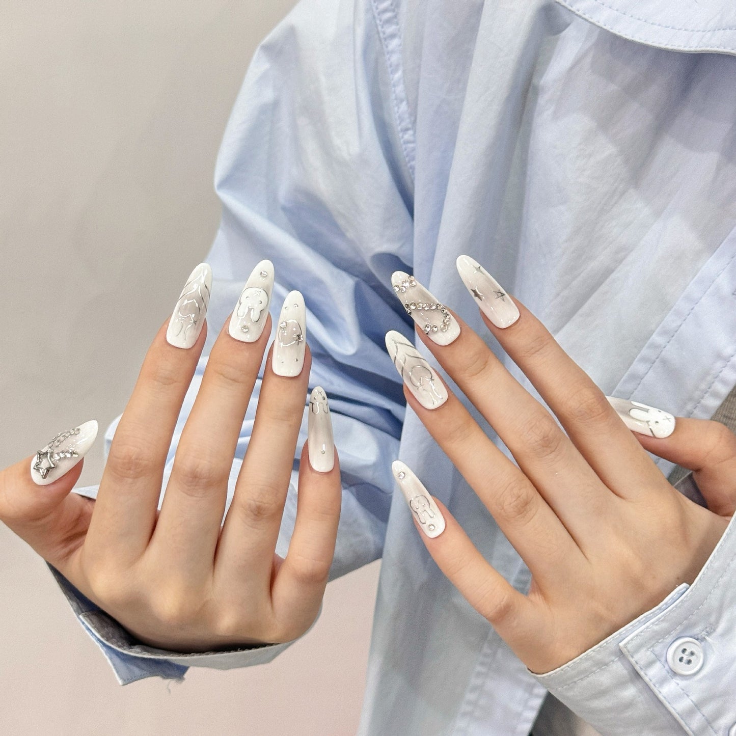 Unhas postiças artesanais com estampa de coelho, pintadas à mão, estilo Spice Girls, com pelo de coelho, diamante, branco escuro e retrô, avançado, feitas à mão | 365nails